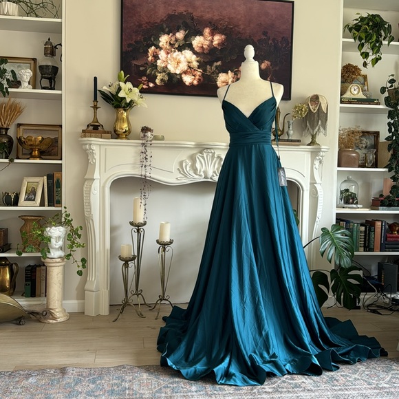 LA FEMME 28571 Teal Satin A-line Dress Open Back - Picture 3 of 10